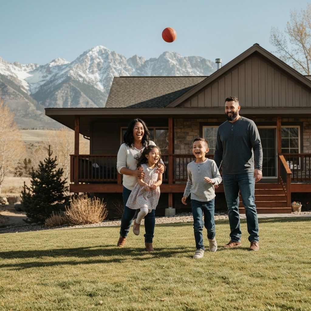 Utah family outside their home with mountain view